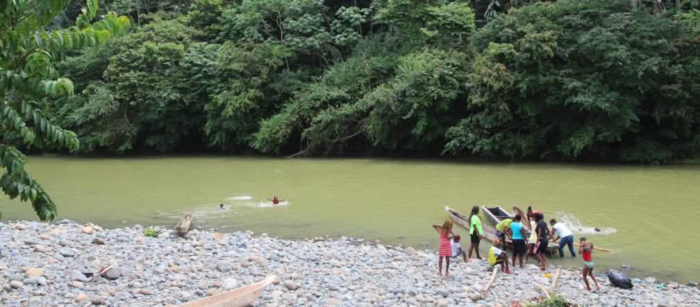 Mensen met kano's aan de oever van een rivier in het regenwoud en kinderen die in het water zwemmen Mensen met kano's aan de oever van een rivier in het regenwoud en kinderen die in het water zwemmen