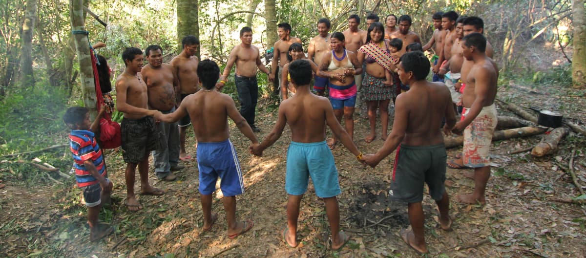 Inheemse Ka'apor – kinderen, vrouwen en mannen – houden elkaars handen vast en vormen een cirkel in het regenwoud.